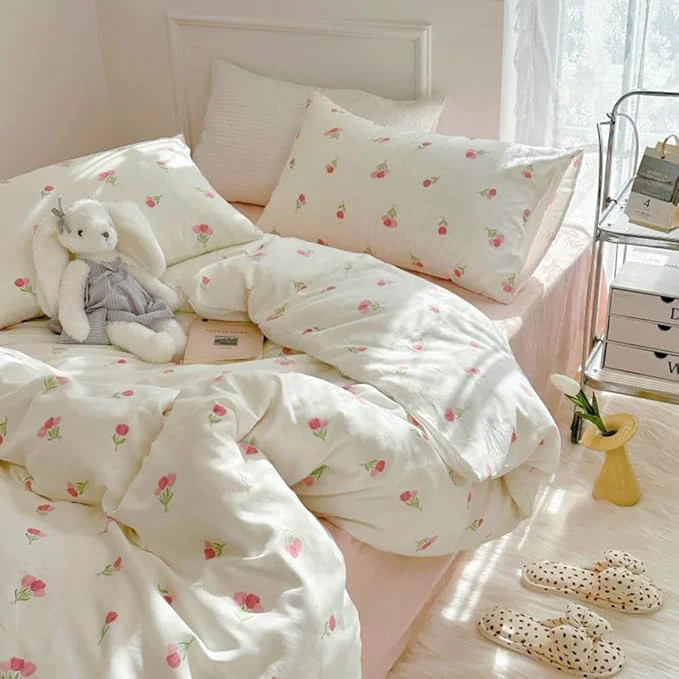 Detailed Nayoroom Pink Floral Duvet Cover Full Size Cute Tulip Printed on White Comforter Cover 3Pcs Kids Girls Kawaii Cottagecore Bedding Set with Zipper Closure Soft Breathable Microfiber Natural