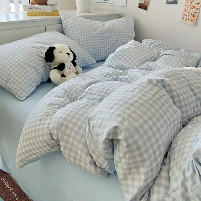 Practical Nayoroom Gingham Duvet Cover Queen Size Reversible Blue Plaid Checkered Duvet Cover 3 Pieces Soft Breathable Washed Microfiber Girls Dorm Bedding Set for All Seasons Outstanding