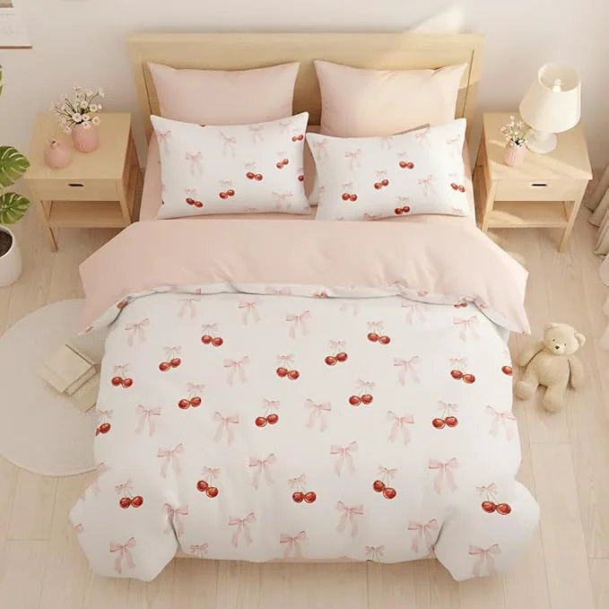 Selected Nayoroom Pink Bow Duvet Cover Queen Size Reversible Red Cherry Duvet Cover 3 Pieces Soft Lightweight Microfiber Kids Girls Cute Aesthetic Dorm Bedding Set Expertly Made