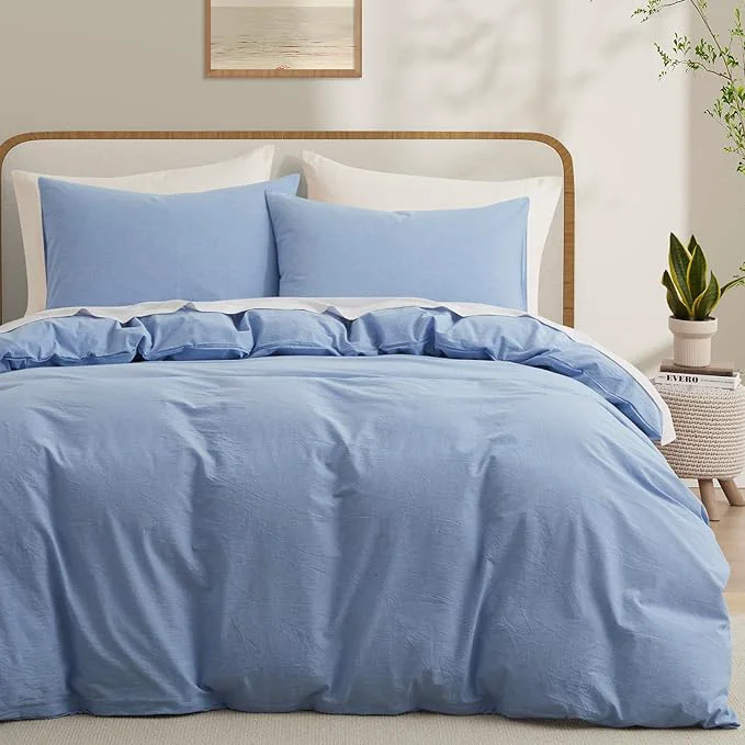 Next-Generation LOVQUE Light Blue Cotton Duvet Cover Queen Size Linen Like Natural Bedding Set with Zipper Closure No Comforter 90×90 Inches User-Friendly