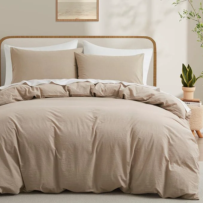 Easy-to-Use LOVQUE Washed Cotton Duvet Cover Set King Size Linen Like Natural Bedding Set with Zipper Closure No Comforter 104×90 Inches Linen Grey Efficient