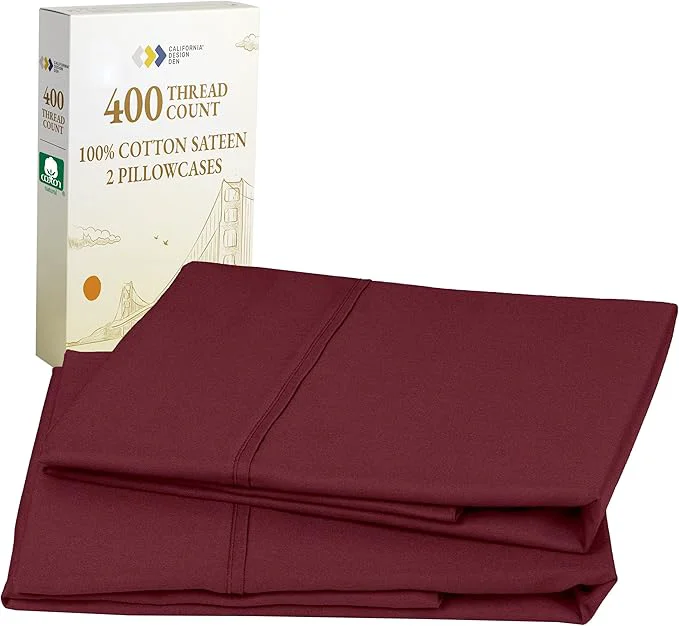 Stylish California Design Den Standard Queen Size Pillowcase Set – 400 Thread Count Cotton Sateen Set of 2 Pillow Covers Soft and Breathable – Burgundy Red Professional
