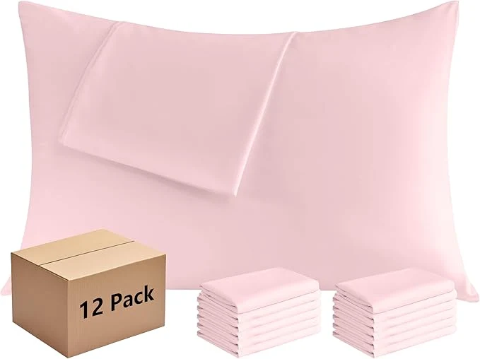 Flexible Pillowcases Standard 12 Pack 20×26 Pillow Cases with Envelope Closure Soft Plain Brushed Microfiber Covers Breathable Wrinkle-Resistant Pink Secure
