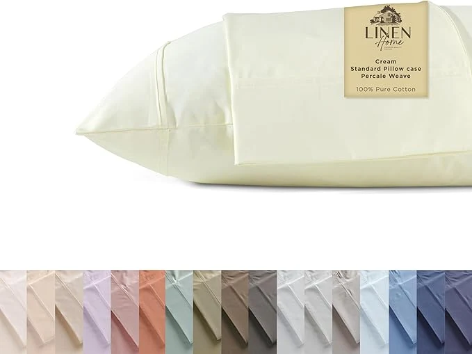 Authentic Linen Home Cotton Percale Pillowcases Queen Standard Size Cream 2 Pieces of Pillow Case Crisp and Cool Strong Bed Linen 20 inches X 30 inches Casual