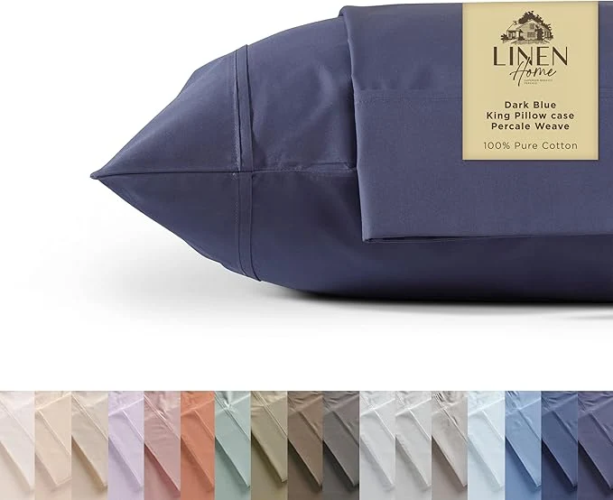 Outstanding Linen Home Cotton Percale Pillowcases King Size Dark Blue 2 Pieces of Pillow Case Crisp and Cool Strong Bed Linen 20 inches X 40 inches Next-Generation