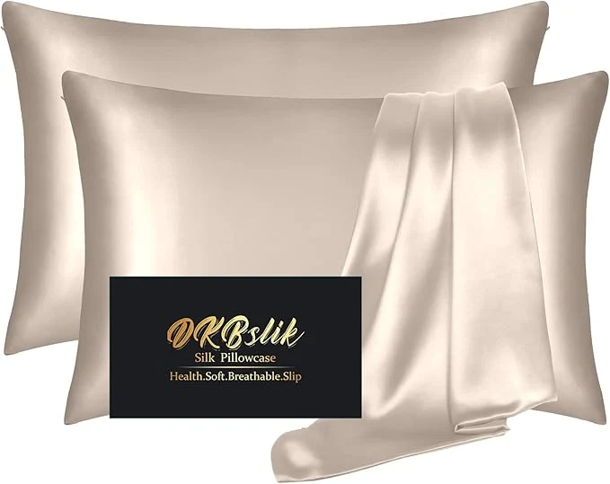 Exclusive Silk Pillow Cases 2 Pack Mulberry Silk Pillowcases Standard Set of 2 Smooth Anti Acne Beauty Sleep Both Sides Natural Silk Satin Pillow Cases for Women 2 Pack with Zipper for Gift Champagne Expertly Made
