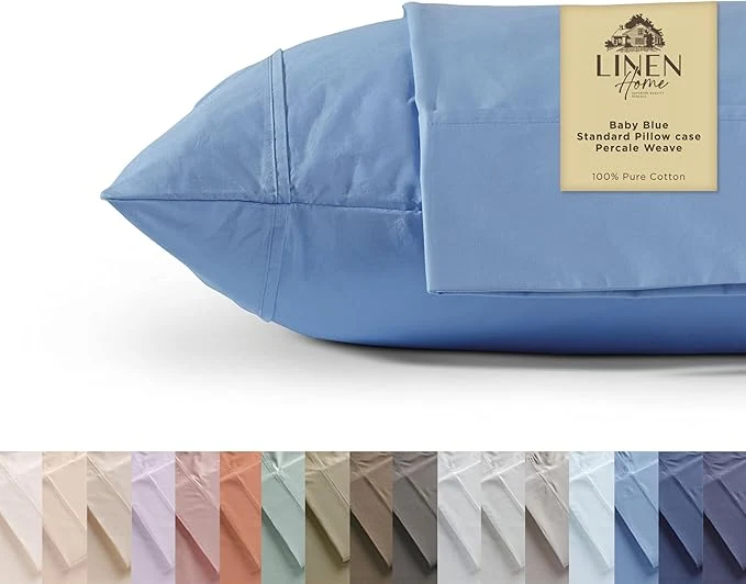 High-Quality Linen Home Cotton Percale Pillowcases Standard Queen Set of 2 – Soft Crisp amp Cooling 20×30 Inches – Baby Blue Dependable