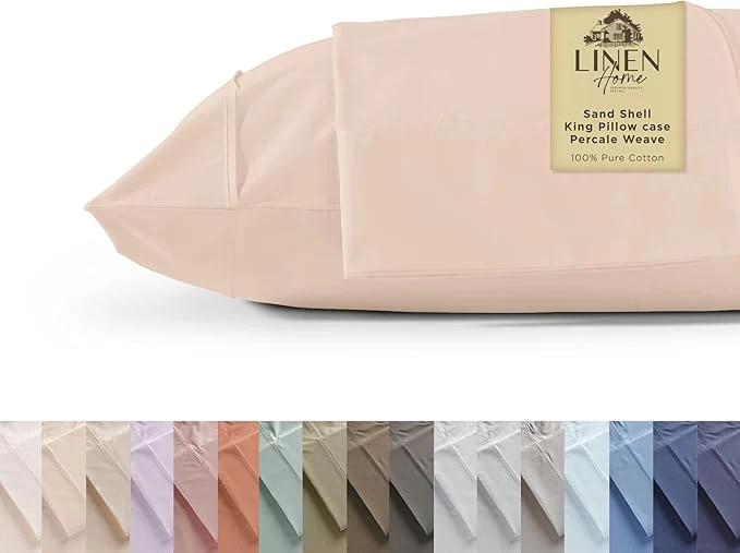 Soft Linen Home Cotton Percale Pillowcases King Size Sand Shell 2 Pieces of Pillow Case Crisp and Cool Strong Bed Linen 20 inches X 40 inches Quality