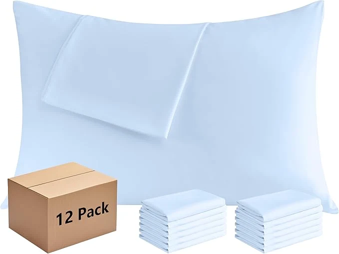 Trendy Pillowcases Standard 12 Pack 20×26 Pillow Cases with Envelope Closure Soft Plain Brushed Microfiber Covers Breathable Wrinkle-Resistant Light Blue Prestigious