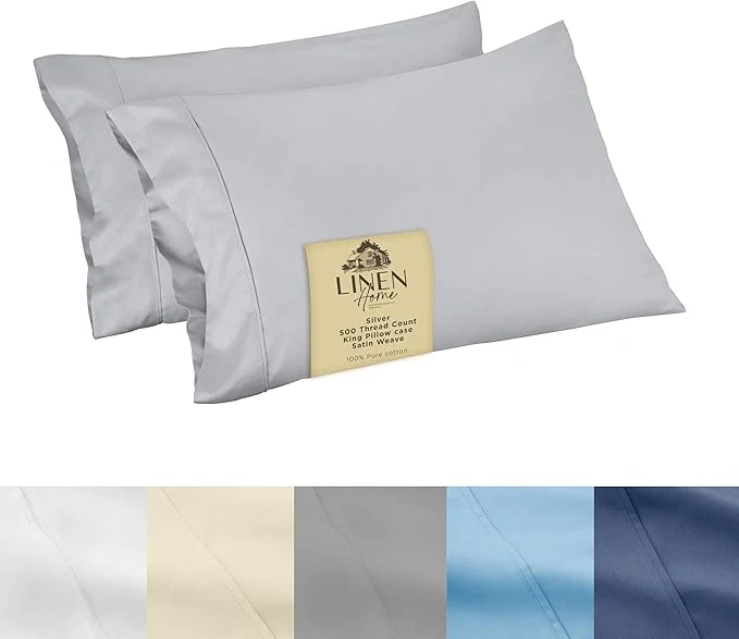 Carefully Designed Linen Home 500 Thread Count King Pillowcase Set Long-Staple Cotton Pillow Cases Soft amp Smooth Luxury Satin Set of 2 Pillowcases 4 Inch Z Hem Silver Artisan