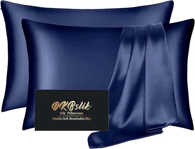Top-Quality Silk Pillow Cases 2 Pack Mulberry Silk Pillowcases Standard Set of 2 Smooth Anti Acne Beauty Sleep Both Sides Natural Silk Satin Pillow Cases for Women 2 Pack with Zipper for Gift Navy Blue Breathable