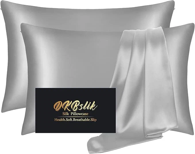 Luxury Silk Pillow Cases 2 Pack Mulberry Silk Pillowcases Standard Set of 2 Health Smooth Anti Acne Beauty Sleep Both Sides Natural Silk Satin Pillow Cases for Women 2 Pack with Zipper for Gift Grey World-Class