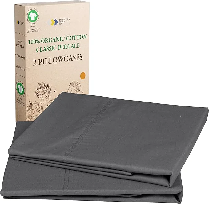 Clean California Design Den Organic Cotton Pillow Cases Queen Standard Set of 2 Soft amp Crisp Percale Weave Cotton Pillowcases Grey High-End