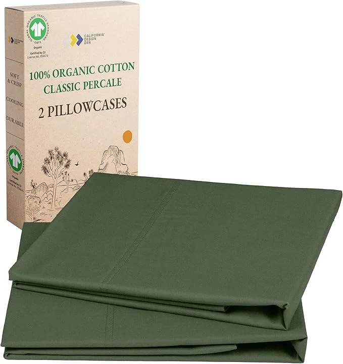 Sustainable California Design Den Organic Cotton Pillow Cases Queen Standard Set of 2 – Soft amp Crisp Percale Fits Standard amp Queen Pillows – Olive Green Pillowcases Convenient