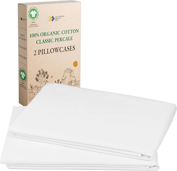 Premium California Design Den Organic Cotton Pillow Cases Queen Standard Set of 2 Soft amp Crisp Percale Weave Cotton Pillowcases Bright White