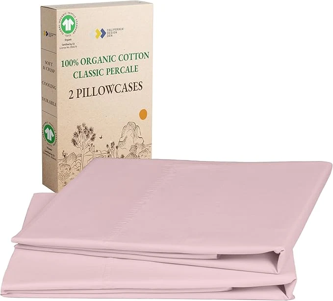 Official California Design Den Organic Cotton Pillow Cases Queen Standard Set of 2 – Soft amp Crisp Percale Fits Standard amp Queen Pillows Pink – Chalky Tone Pillow Case Set High-End