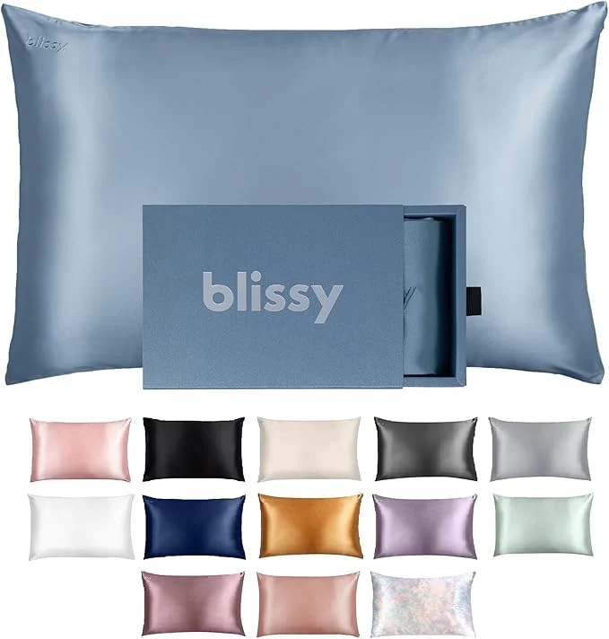 Original Design Blissy Silk Pillowcase – Pure Mulberry Silk – 22 Momme 6A High-Grade Fibers – Silk Pillow Cover for Hair amp Skin – Regular Queen amp King Ash Blue King Elite