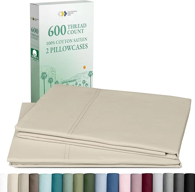 Innovative California Design DenPillow Cases Standard Size Set of 2-600 Thread Count Sateen Cotton Soft and Breathable Fits Standard and Queen Pillows – Beige Sophisticated