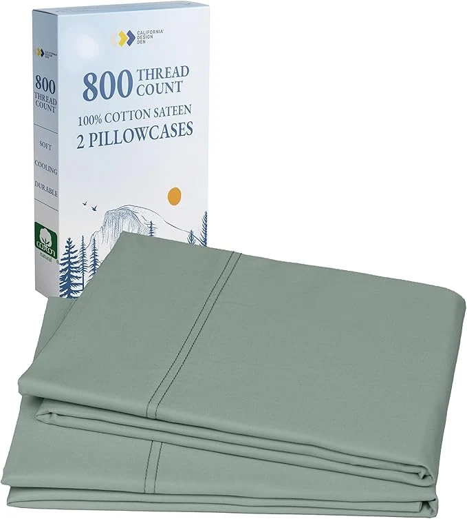 Versatile California Design Den King Size Pillow Cases Set of 2 – Luxuriously Soft and Thick 800 Thread Count Smooth Sateen Natural Cotton Pillow Cases King Durable – Sage Green Organic