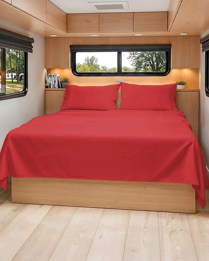 Authentic RV Short Queen Sheet Set 60 X 75 – 4 Piece RV Short Queen Bed Sheets – Ultra Soft Breathable amp Cooling – Designed for Bunks Trailers amp Campers – Fits 8 to 12 quot Mattress – Hotel Luxury Bedding – Red Original