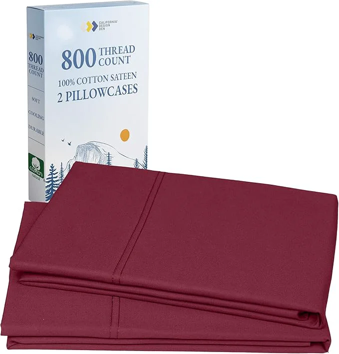 Relaxed California Design Den Natural Cotton Pillow Cases Queen Size Set of 2 – Luxuriously Soft and Thick 800 Thread Count Smooth Sateen Standard Queen Pillow Cases Durable – Red Wine Trendy
