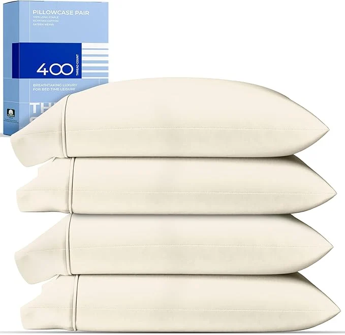 Exceptional THREAD SPREAD Cotton Pillow Cases Queen Size Set of 2 – Luxury 400 Thread Count Queen Pillow Cases Ivory Soft Cooling Breathable Hotel Quality Cotton Pillowcases Fits Standard Pillows Exclusive