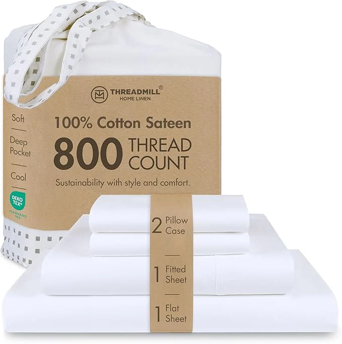 Professional Threadmill Luxury 800 Thread Count King Cotton Sheets – Hotel White Sateen Weave Bed-Sheets Better Than Egyptian Cotton 4 Pc Solid Soft Bed Set Fits 16 quot Deep Pocket Smooth