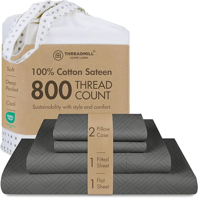 Artisan Threadmill Luxury Cotton Full Bed-Sheets – 800 Thread Count Jacquard Celine Dark Grey Better Than Egyptian Cotton 4 Pc Striped Bed Set Damask Sheets with Elasticized Deep Pocket Official