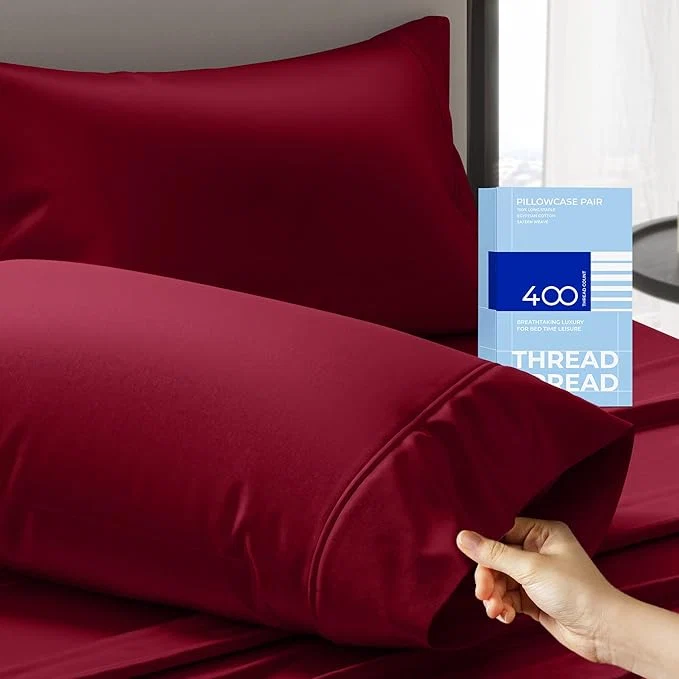 Eco-Friendly THREAD SPREAD Cotton Pillow Cases Queen Size Set of 2 – Luxury 400 Thread Count Queen Pillow Cases Burgundy Soft Cooling Breathable Hotel Quality Cotton Pillowcases Fits Standard Pillows Excellent