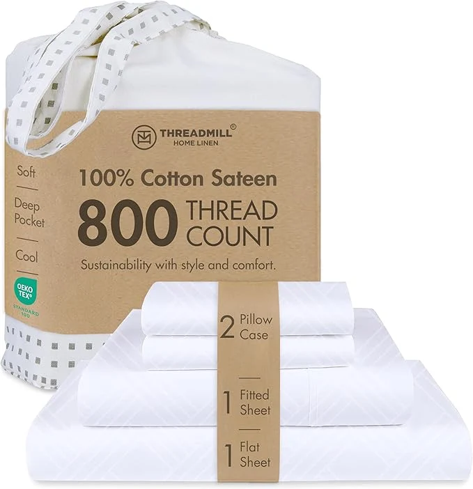 First-Class Threadmill California King Sheets – 800 Thread Count Jacquard Celine Hotel White Pure Cotton 4 Piece Striped Bed Set ELS Cotton Luxury Damask Sheets with Elasticized Deep Pocket Trusted