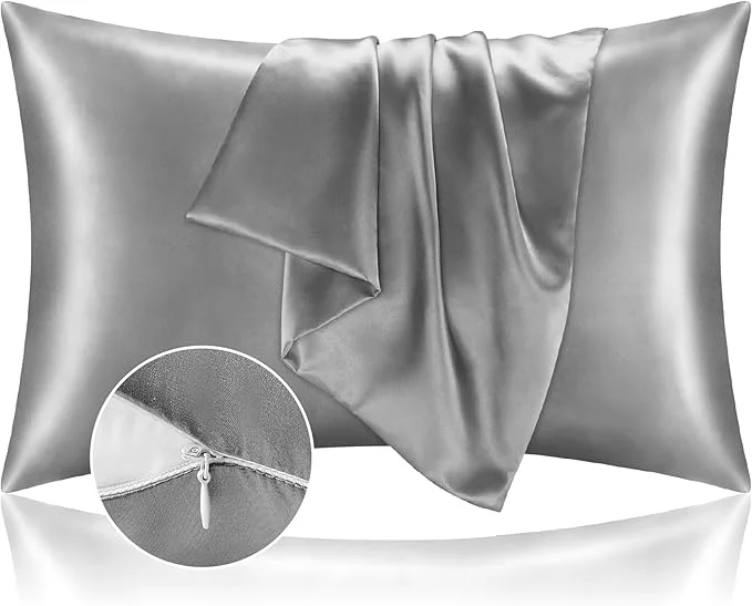 Sophisticated BEDELITE Satin Pillowcase with Zipper Grey Pillow Cases Queen Size Set of 2 Super Soft and Cooling Similar to Silk Pillow Cases Gift for Women Men 20×30 Inches Reusable