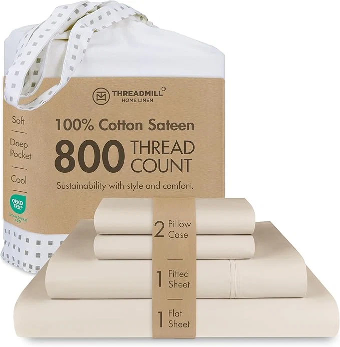 Threadmill Luxury 800 Thread Count California King Cotton Sheets – Light Beige Sateen Weave Bed-Sheets Better Than Egyptian Cotton 4 Pc Solid Bedding Set Fits 16 quot Deep Pocket Original