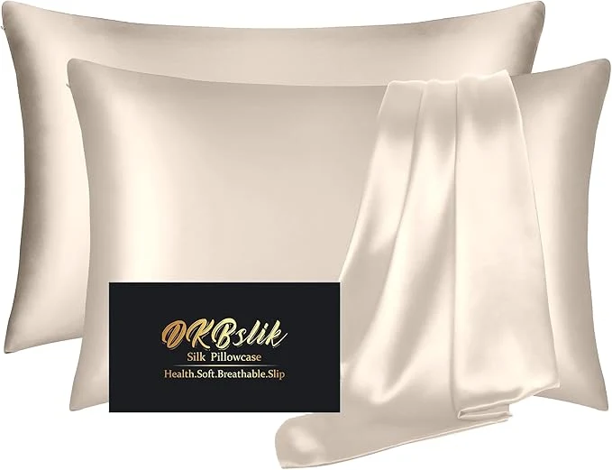 Solid Silk Pillowcase 2 Pack Mulberry Silk Pillow Cases Queen Size Set of 2 Anti Acne Silk Pillowcase for Hair and Skin Natural Silk Satin Pillowcases Gifts for Women Men 2 Pack with Zipper Beige Secure