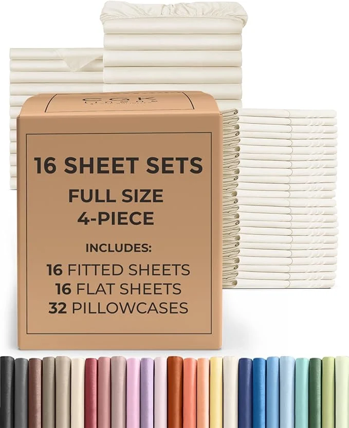 Dependable Bulk Case Pack of 16 Sheet Sets – 16 Complete Full Size Sheet Sets w Deep Pockets – Whole Bulk Bedding for Hotels Spas amp Airbnbs – Breathable Cooling Soft amp Wrinkle – Full Off White Fine Crafted