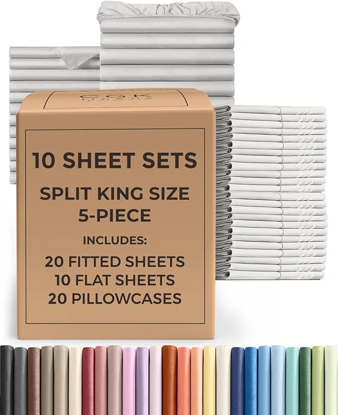 High-End Bulk Case Pack of 10 Sheet Sets – 10 Complete Split King Size Sheet Sets with Deep Pockets – Whole Bulk Bedding for Hotels Spas amp Airbnbs – Breathable amp Wrinkle – Split King French Grey Premium Material