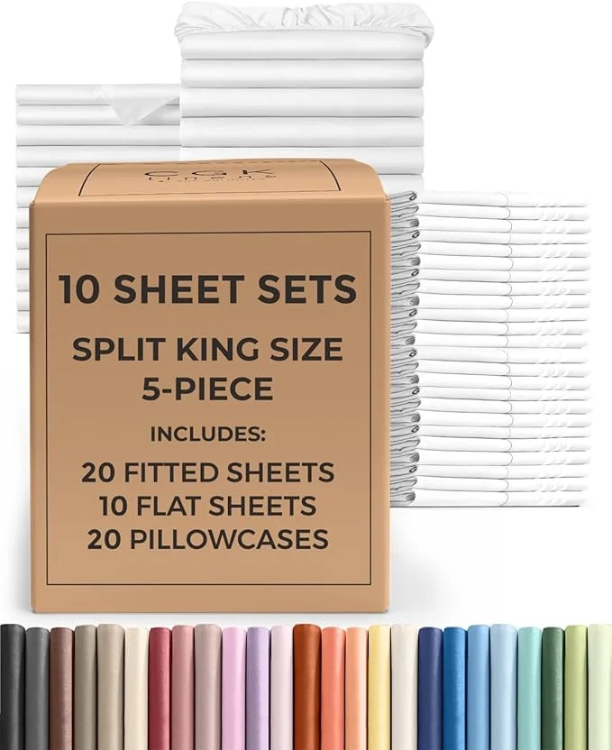 Durable Bulk Case Pack of 16 Sheet Sets – 16 Complete Twin XL Size Sheet Sets with Deep Pockets – Whole Bulk Bedding for Hotels Spas amp Airbnbs – Breathable Cooling amp Wrinkle – Twin XL White Clean