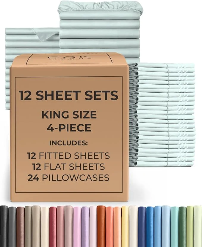 Superior Bulk Case Pack of 12 Sheet Sets – 12 Complete King Size Sheet Sets with Deep Pockets – Whole Bulk Bedding for Hotels Spas amp Airbnbs – Breathable Cooling Soft amp Wrinkle – King Ice Blue Enhanced