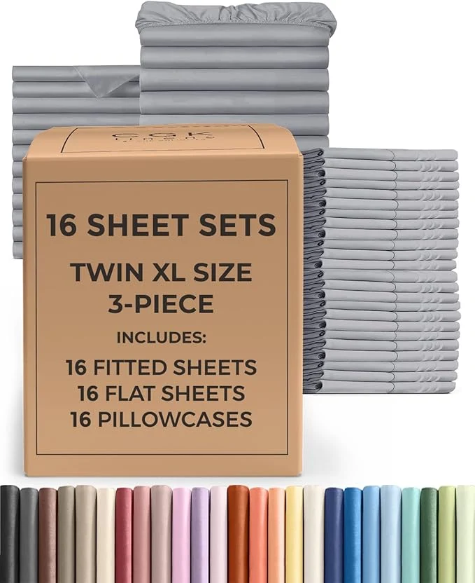 Optimized Bulk Case Pack of 16 Sheet Sets – 16 Complete Twin XL Size Sheet Sets w Deep Pockets – Whole Bulk Bedding for Hotels Spas amp Airbnbs – Breathable Soft amp Wrinkle – Twin XL Steel Blue Trusted