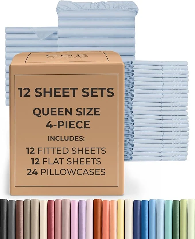 Dependable Bulk Case Pack of 12 Sheet Sets – 12 Complete Queen Size Sheet Sets with Deep Pockets – Whole Bulk Bedding for Hotels Spas amp Airbnbs – Breathable Cooling and Wrinkle – Queen Sky Blue Advanced