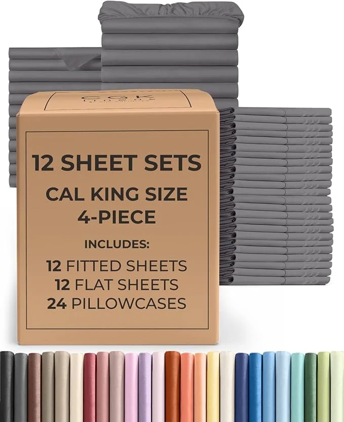 Convenient Bulk Case Pack of 12 Sheet Sets – 12 Complete Sheet Sets – Bulk Cal King Bedding – Whole Case Pack for Hotels amp Airbnbs – Deep Pocket amp Wrinkle – Cooling amp Breathable – Cal King Dark Grey Authentic