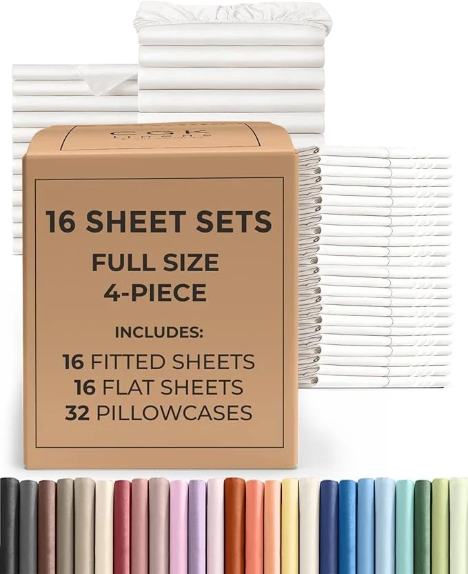 World-Class Bulk Case Pack of 16 Sheet Sets – 16 Complete Full Size Sheet Sets with Deep Pockets – Whole Bulk Bedding for Hotels Spas amp Airbnbs – Breathable Cooling amp Wrinkle – Full Antique White Modern