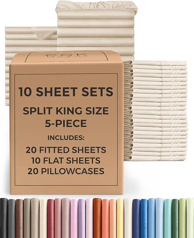Premium Bulk Case Pack of 10 Sheet Sets – 10 Complete Sheet Sets – Bulk Split King Bedding – Whole Case Pack for Hotels amp Airbnbs – Deep Pocket amp Wrinkle – Cooling amp Breathable – Split King Cream Eco-Friendly