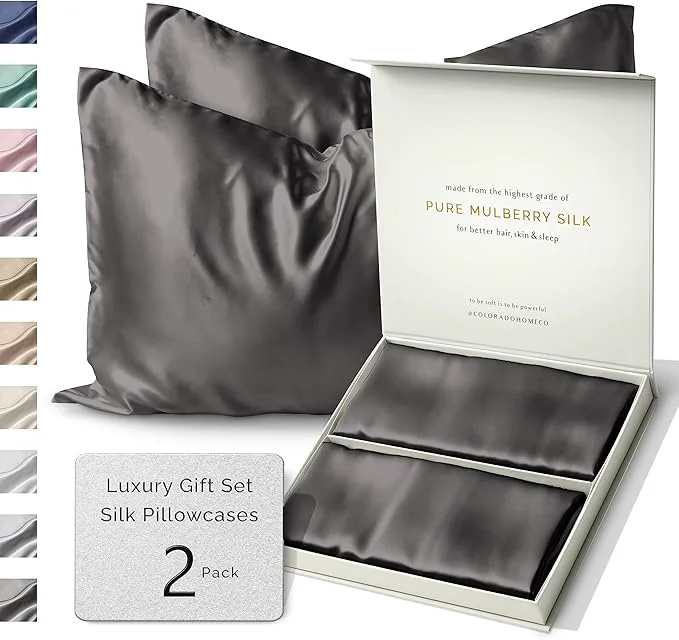 Practical SUNDAYSILKS™ Silk Pillow Cases 2 PACK 22 Momme Mulberry Silk Pillowcase Set of 2 Standard Queen King Size All Sides Pure Silk Slip Pillowcase Bliss for Women with Zipper Charcoal Essence Selected