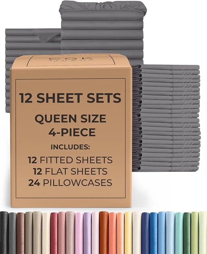 Verified Bulk Case Pack of 12 Sheet Sets – 12 Complete Sheet Sets – Bulk Queen Bedding – Whole Case Pack for Hotels Spa amp Airbnbs – Deep Pocket amp Wrinkle – Cooling amp Breathable – Queen Dark Grey World-Class