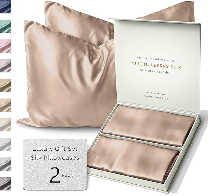 Certified SUNDAYSILKS™ Silk Pillow Cases 2 Pack 22 Momme Mulberry Silk Pillowcase Set of 2 All Sides Pure Silk Slip Pillowcases Bliss for Couples Zipper Standard Queen King Size Nude Champagne Selected