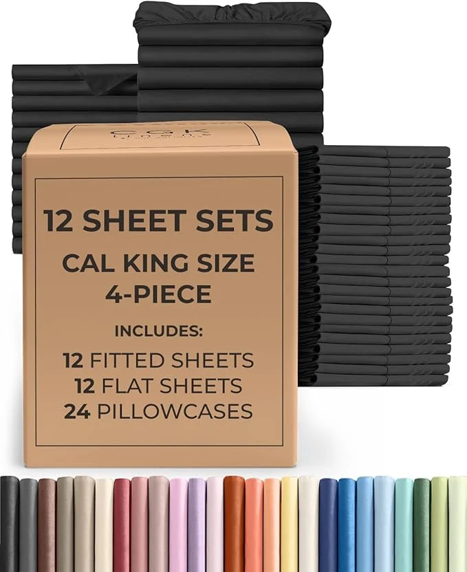 Long-Lasting Bulk Case Pack of 12 Sheet Sets – 12 Complete Sheet Sets – Bulk Cal King Bedding – Whole Case Pack for Hotels Spa amp Airbnbs – Deep Pocket amp Wrinkle – Cooling amp Breathable – Cal King Black