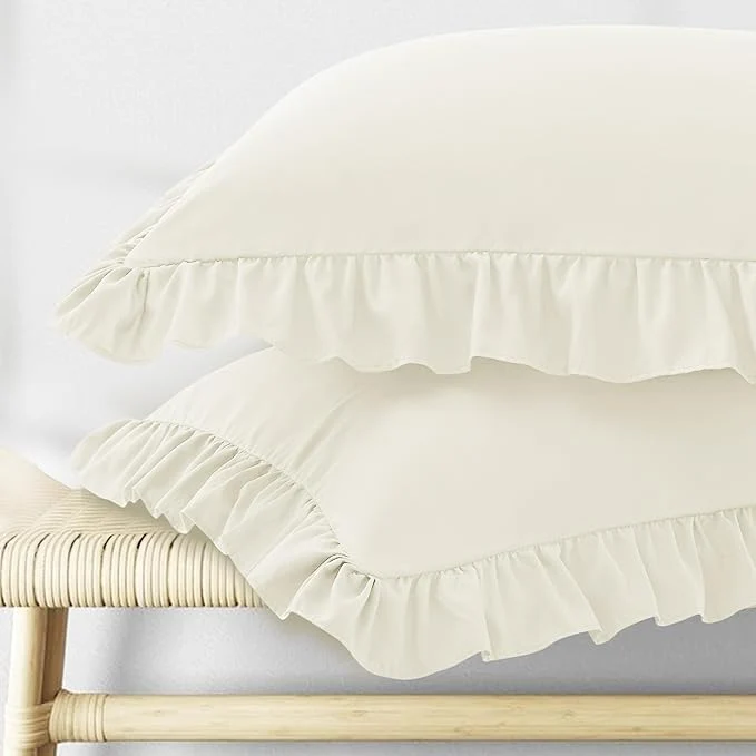 Safe KKJIAF Ruffle Pillow Cases Standard Size Set of 2 Ruffled Pillow Covers with Envelope Closure Wrinkle Resistant Ruffled Pillow Shams 20 quot x 26 quot Beige Versatile
