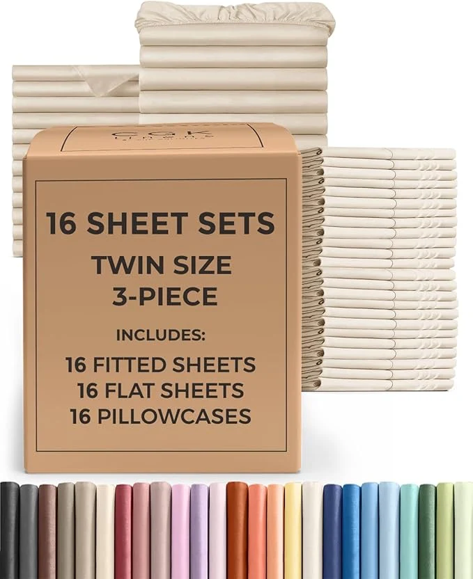 Top-Quality Bulk Case Pack of 16 Sheet Sets – 16 Complete Twin Size Sheet Sets with Deep Pockets – Whole Bulk Bedding for Hotels Spas amp Airbnbs – Breathable Cooling Soft amp Wrinkle – Twin Cream Proven