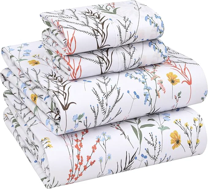 Stylish RUVANTI Cotton Sheets – Queen Size Percale Bedding Cooling amp Breathable Floral Design Durable with a Crisp Soft amp Comfortable Feel 16 quot Deep Pocket 4-Piece Set Aroma Recyclable