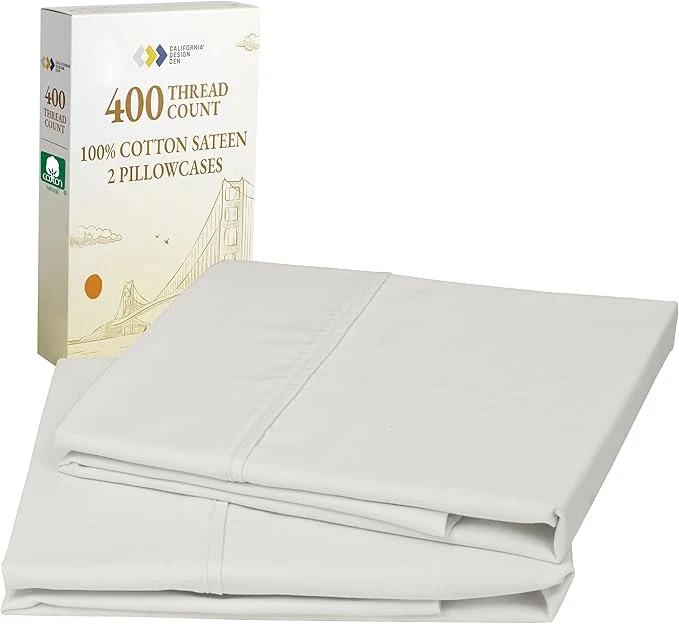 Green California Design Den Standard Queen Size Pillowcase Set – 400 Thread Count Cotton Sateen Set of 2 Pillow Covers Soft and Breathable – Ivory Pale Tone Eco-Friendly